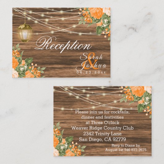 Carte D'accompagnement Bois, lanternes et fleurs orange - Réception (Devant / Derrière)