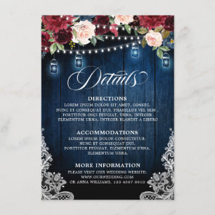 Carte D'accompagnement Bois rustique Bourgogne Floral Mason Jar Mariage