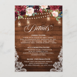 Carte D'accompagnement Bois rustique Bourgogne Floral Mason Jar Mariage