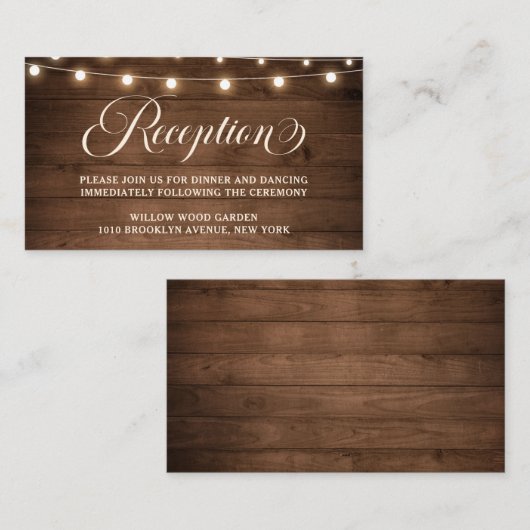 Carte D'accompagnement Bois rustique Chaîne Lumière Mariage Détails Récep (Devant / Derrière)