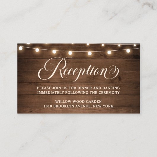 Carte D'accompagnement Bois rustique Chaîne Lumière Mariage Détails Récep (Devant)