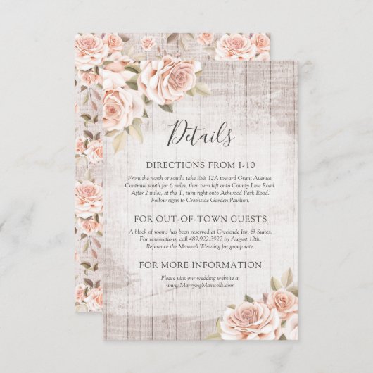 Carte D'accompagnement Bois rustique & Roses romantiques Détails / Direct (Devant / Derrière)
