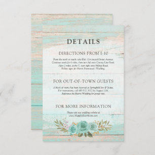 Carte D'accompagnement Bois rustique Turquoise Détails Floraux / Directio