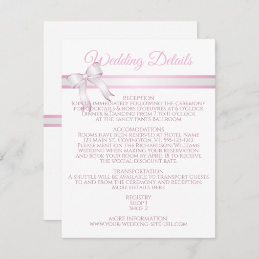 Carte D'accompagnement Boîtier blanc & rose Ribbon Détails du Mariage (Devant / Derrière)