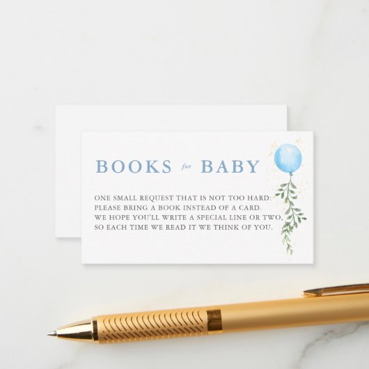 Carte D'accompagnement Books Blue Balloon Soft Greenery Boy Baby Shower (Devant/Arrière en situation)