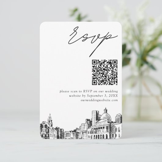 Carte D'accompagnement Boston Mariage moderne RSVP QR Code (Debout devant)