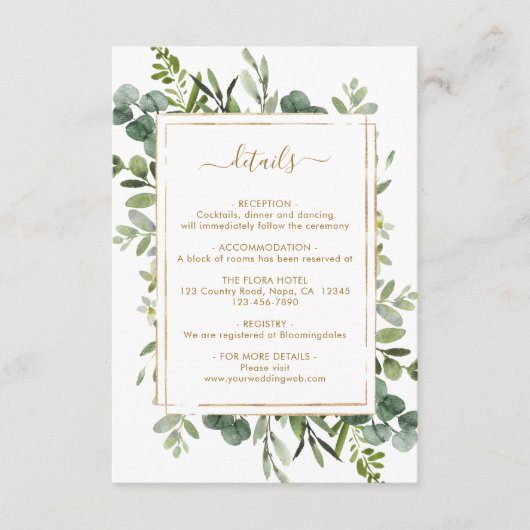 Carte D'accompagnement Botanical Gold Greenery Détails du Mariage (Devant)