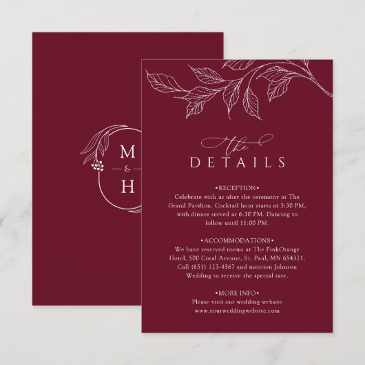 Carte D'accompagnement Botanical Monogram Wedding Details Burgundy (Devant / Derrière)