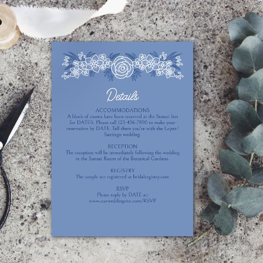 Carte D'accompagnement Botanique Floral Dusty Blue Navy Détails du Mariag