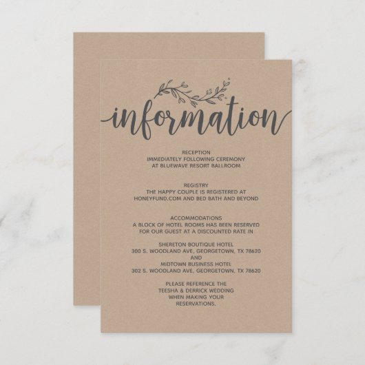 Carte D'accompagnement Botanique rustique mariage d'information (Devant / Derrière)