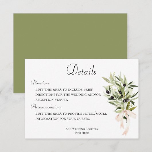 Carte D'accompagnement Bouquets d'olivier Détails du Mariage (Devant / Derrière)