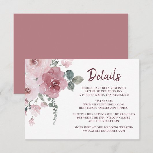 Carte D'accompagnement Bourgogne Dusty Rose Floral Détails du Mariage (Devant / Derrière)