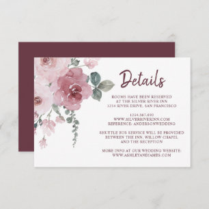 Carte D'accompagnement Bourgogne Dusty Rose Floral Détails Mariage Enclos
