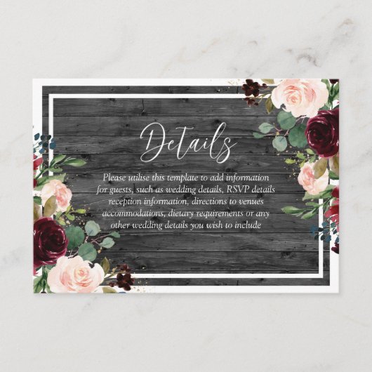 Carte D'accompagnement Bourgogne et Fleurs rousses Mariage de bois de cha (Devant)