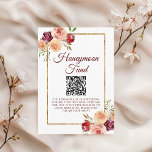 Carte D'accompagnement Bourgogne Gold Floral Mariage Honeymoon Fund<br><div class="desc">Elégante carte de fonds de lune de miel à fleurs bordeaux avec un beau bouquet de fleur d'aquarelle de pêche peony décorant le cadre or de la fausse parties scintillant magnifique entourant la belle typographie et votre site web personnalisé QR code.</div>