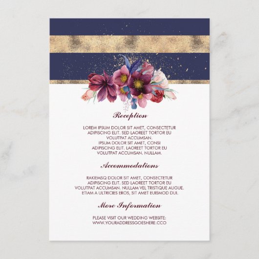 Carte D'accompagnement Bourgogne Marine et Gold Mariage Information Invit (Devant)