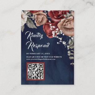 Carte D'accompagnement Bourgogne Rouge Floral Code QR RSVP Bleu Nuit Mari