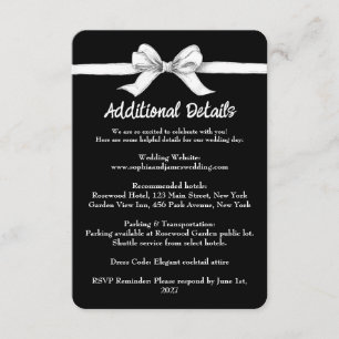 Carte D'accompagnement Bow noir et blanc Mariage élégant Monochrome