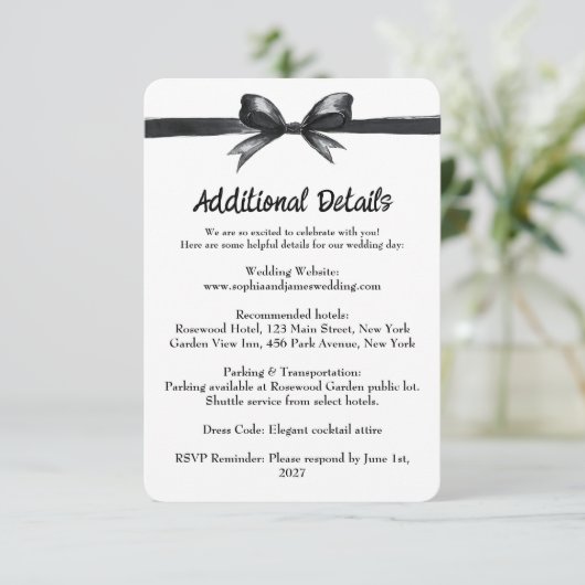 Carte D'accompagnement Bow noir et blanc | Mariage élégant | Monochrome (Debout devant)