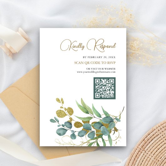Carte D'accompagnement Branche de eucalyptus rustique or Code QR RSVP Mar