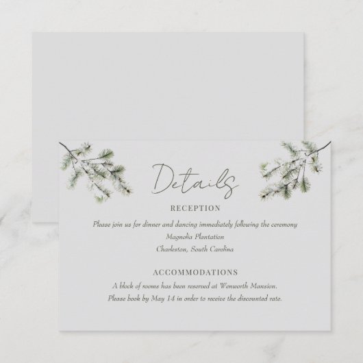 Carte D'accompagnement Branche de pin | Détails du Mariage de la forêt d' (Devant / Derrière)