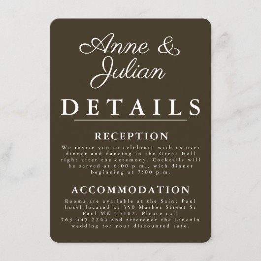 Carte D'accompagnement Brown Modern Wedding Details Card Insert QR Code (Devant)