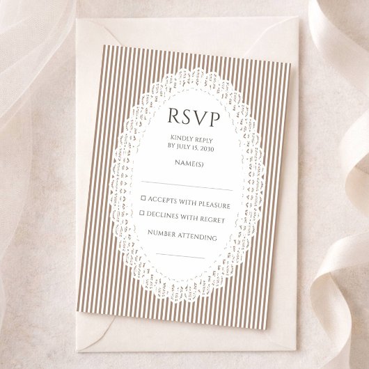 Carte D'accompagnement Brown Stripe Lace Doily Wedding RSVP Enclosure