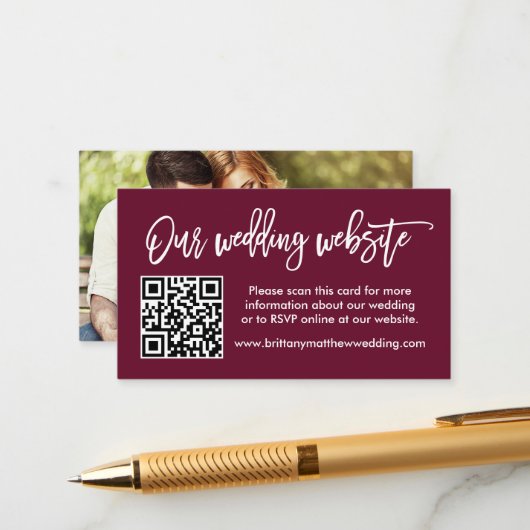 Carte D'accompagnement Brush Script Site Mariage QR Photo Bourgogne (Devant/Arrière en situation)
