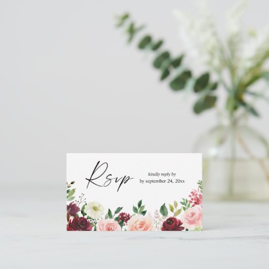 Carte D'accompagnement Budget Bourgogne & Rose 4 Fleurs 2SM Repas RSVP (Debout devant)