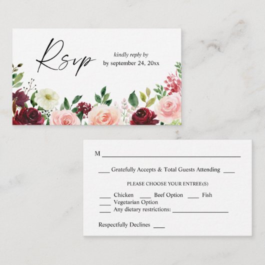 Carte D'accompagnement Budget Bourgogne & Rose 4 Fleurs 2SM Repas RSVP (Devant / Derrière)