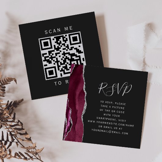 Carte D'accompagnement Budget Burgundy Silver Agate Dark QR Code RSVP