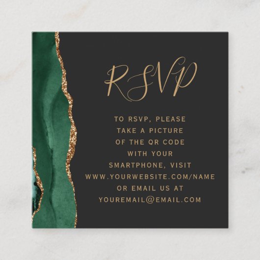 Carte D'accompagnement Budget Emerald Green Gold Agate Dark QR Code RSVP (Devant)