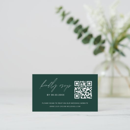 Carte D'accompagnement Budget Emerald Green QR Code RSVP Site Mariage (Debout devant)