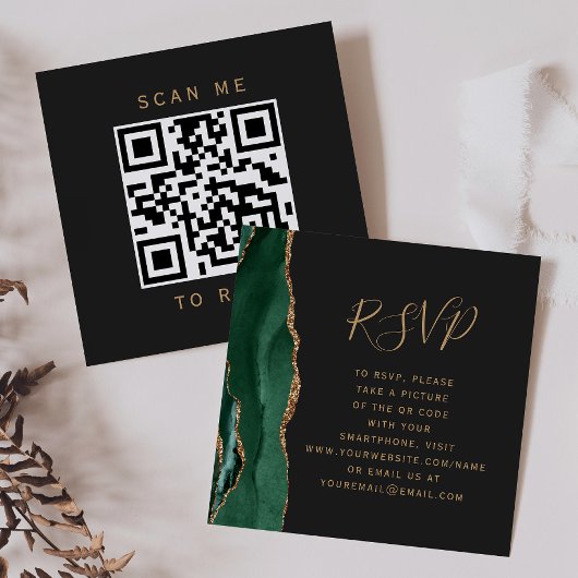 Carte D'accompagnement Budget Émeraude Vert Agate Sombre QR Code RSVP