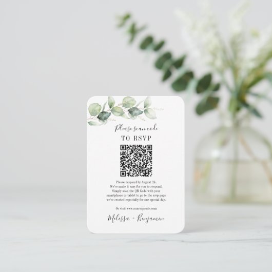 Carte D'accompagnement Budget Eucalyptus Verdure QR Code Mariage RSVP (Debout devant)