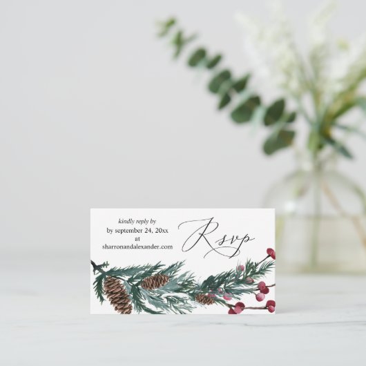 Carte D'accompagnement Budget Hiver Pine Cone & Berry SM Repas RSVP (Debout devant)
