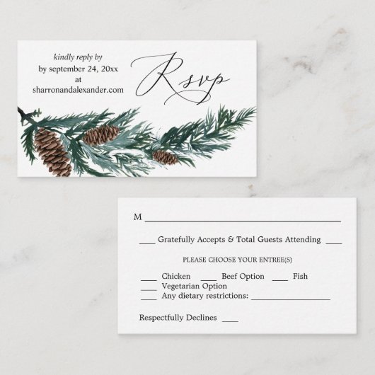 Carte D'accompagnement Budget Hiver Pine Cône Vert Repas SM RSVP (Devant / Derrière)