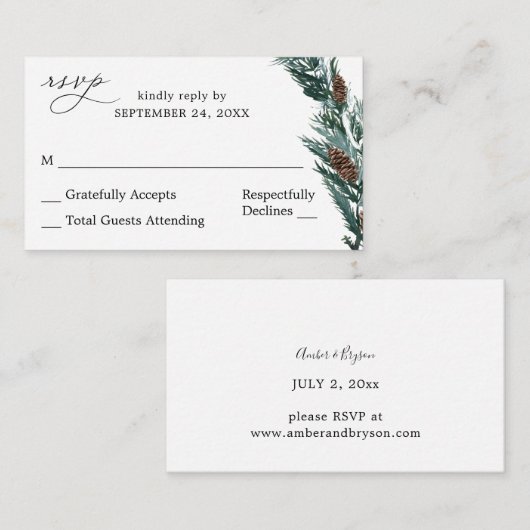 Carte D'accompagnement Budget Hiver Pine Cône vert SM Pas de repas RSVP (Devant / Derrière)