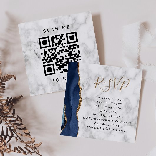 Carte D'accompagnement Budget Navy Or Gold Agate Mariage code QR RSVP