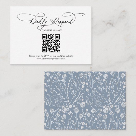 Carte D'accompagnement Budget QR Code Script Floral Dusty Blue Mariage (Devant / Derrière)