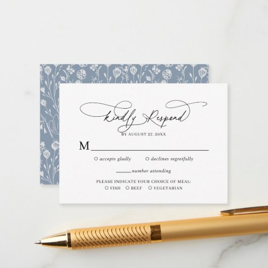 Carte D'accompagnement Budget Script Floral Dusty Blue Wedding Rsvp (Devant/Arrière en situation)