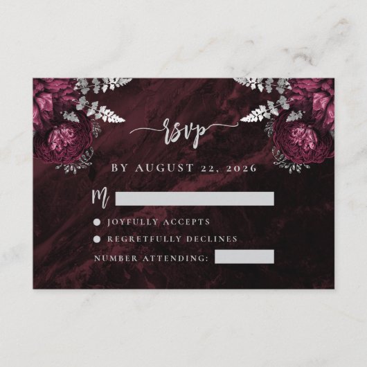Carte D'accompagnement Burgundy Argent Floral Agate Script Mariage RSVP (Devant)