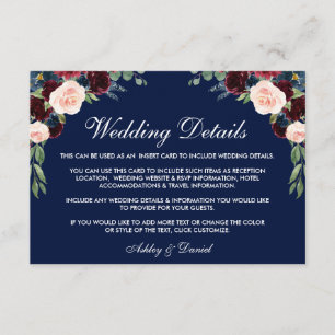 Carte D'accompagnement Burgundy Blue Floral Détails du Mariage Insérer un