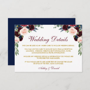Carte D'accompagnement Burgundy Blue Floral Gold Détails du Mariage Insér