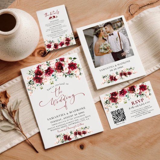 Carte D'accompagnement Burgundy Blush Floral Wedding Reception Details