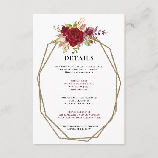 Carte D'accompagnement Burgundy Blush Gold Floral Mariage (Devant)