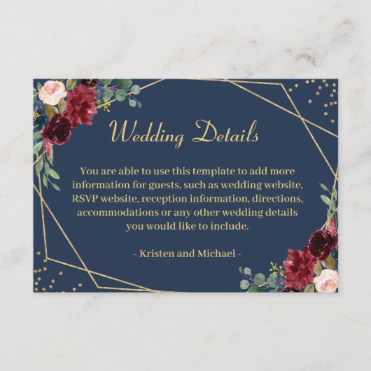 Carte D'accompagnement Burgundy Blush Navy Blue Floral Détails du Mariage (Devant)