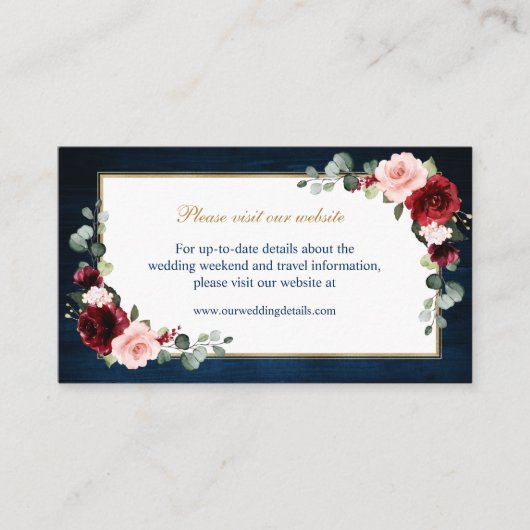 Carte D'accompagnement Burgundy Blush Navy Floral Mariage Détails du site (Devant)
