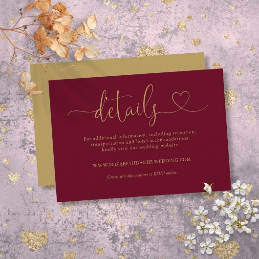 Carte D'accompagnement Burgundy Et Gold Heart Script Détails du Mariage