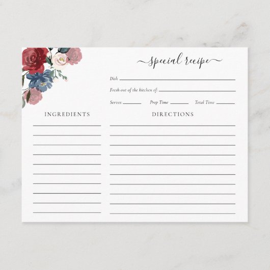 Carte D'accompagnement Burgundy Fête des mariées florale Script Recette (Devant)